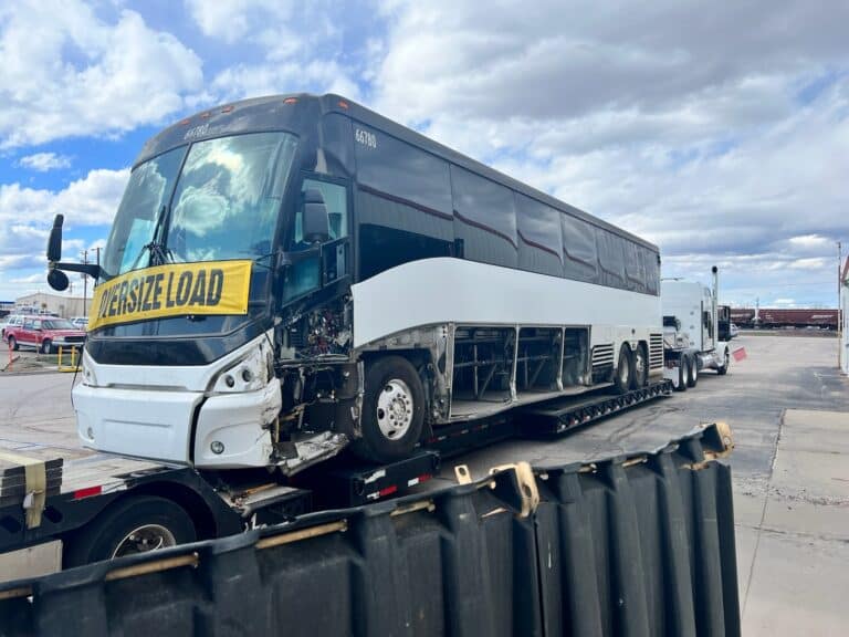 coach bus on trailer for transport