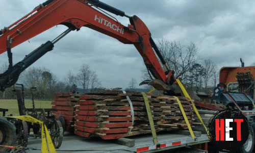 Hitachi excavator loaded for transport